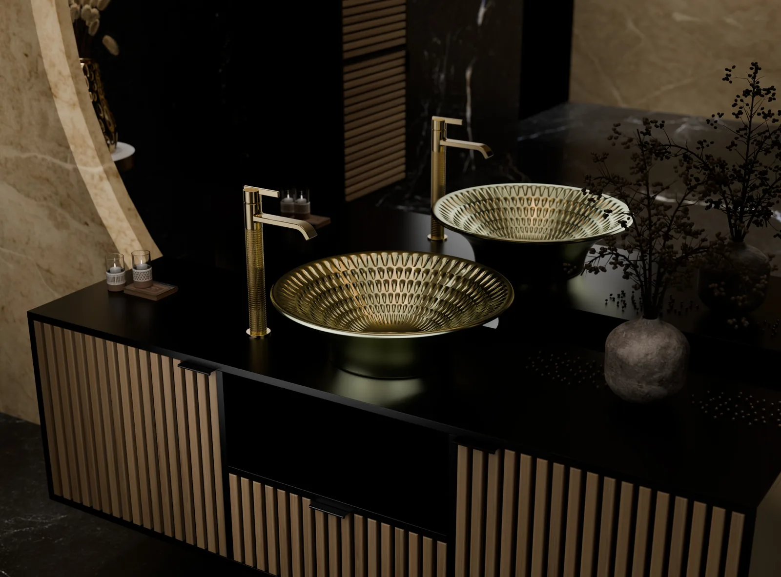 Twin gold table-top basins on a black fluted vanity