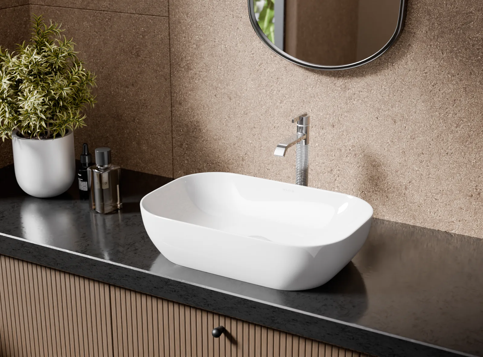 Senator wash basin on a dark stone counter with fluted vanity